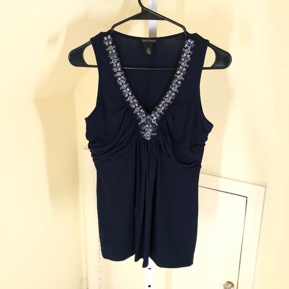 White House Black Market Tops - White House Black Market NWOT Womens Sleeveless Ruched Blue Tank Jeweled Neck XS